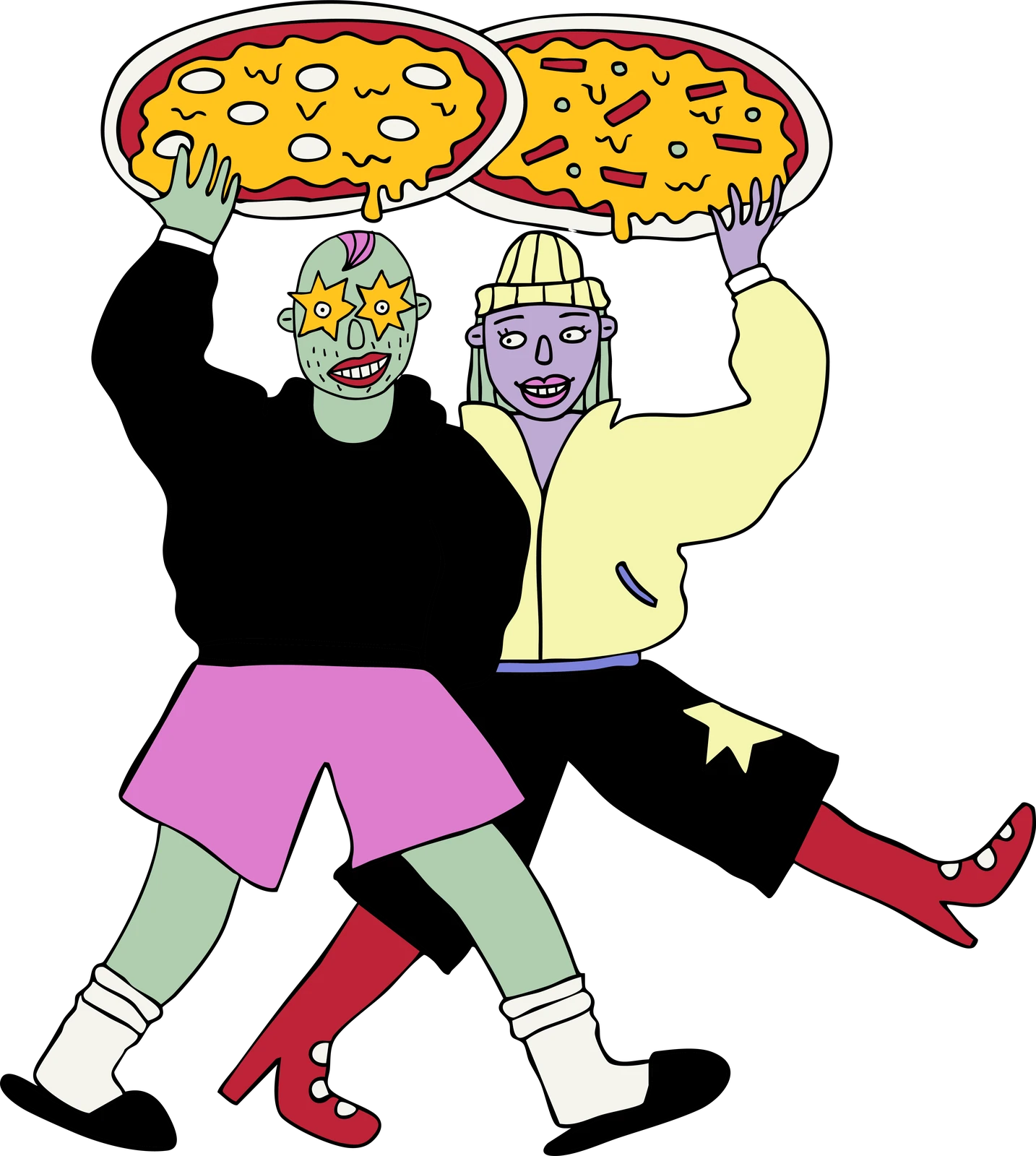 Illustration Malik und Moni mit Pizzen